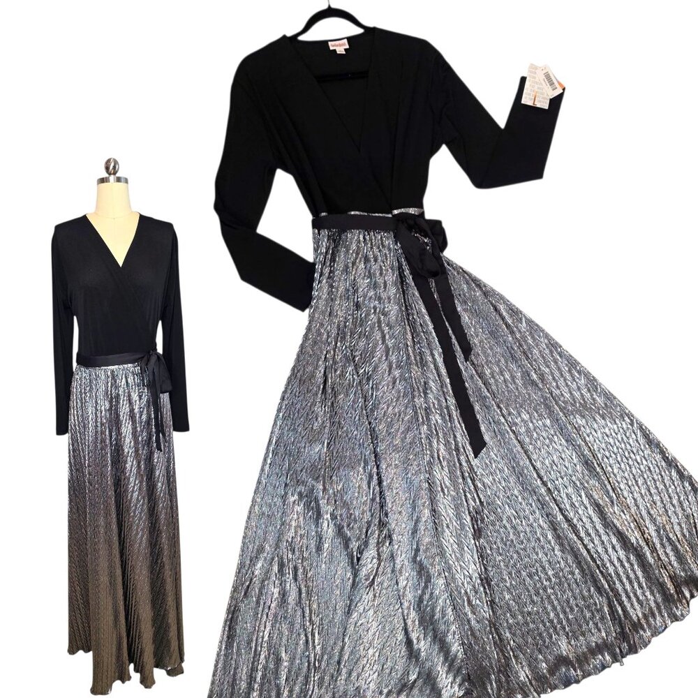 LuLaRoe Elegant DeAnne Wrap Dress Large Metallic Black Silver Glam NYE Maxi Gown